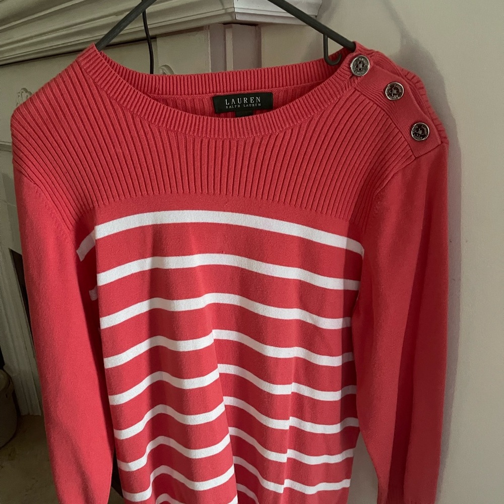 3/4 length sweater, gently used. Coral and white in color